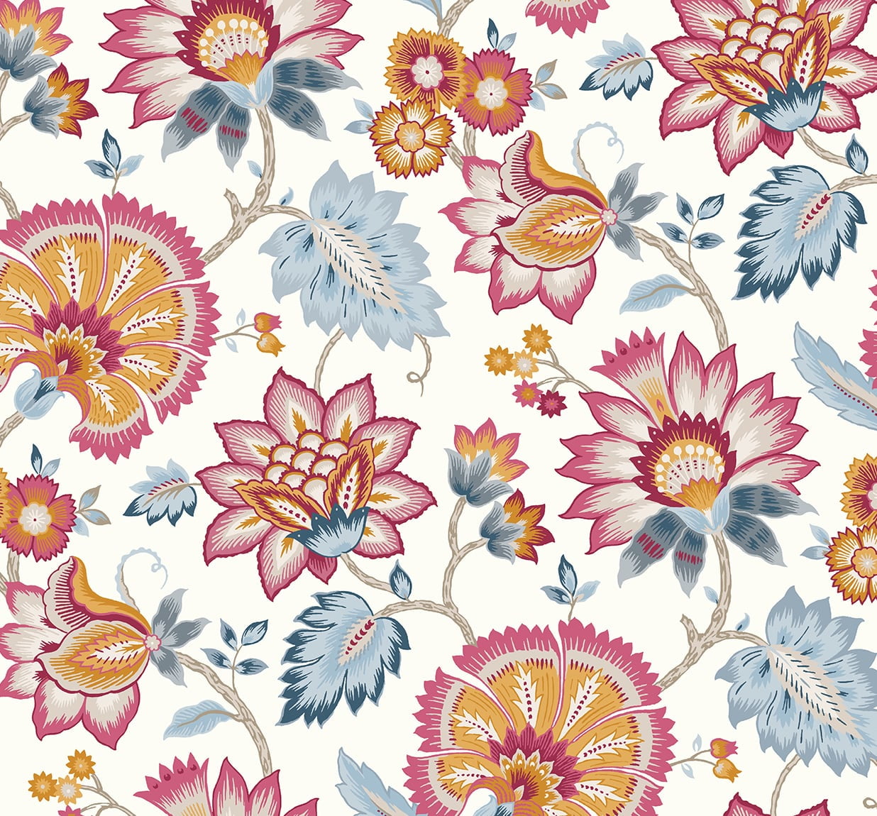 NextWall Fandango Pink & Bluebird Jacobean Blossom Floral Peel and Stick Wallpaper