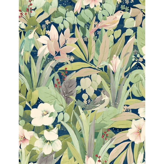 NextWall Fern & Denim Blue Blossoming Birds Peel and Stick Wallpaper
