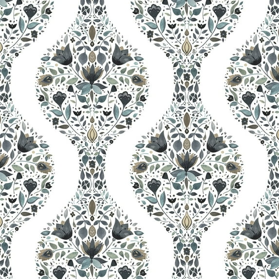 NextWall Floral Ogee Peel and Stick Wallpaper 20.5 in. W x 18 ft. L - Steel & Rustic Taupe