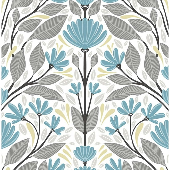 NextWall Folk Floral Peel and Stick Wallpaper 20.5 in. W x 18 ft. L - Blue Patina & Wheat
