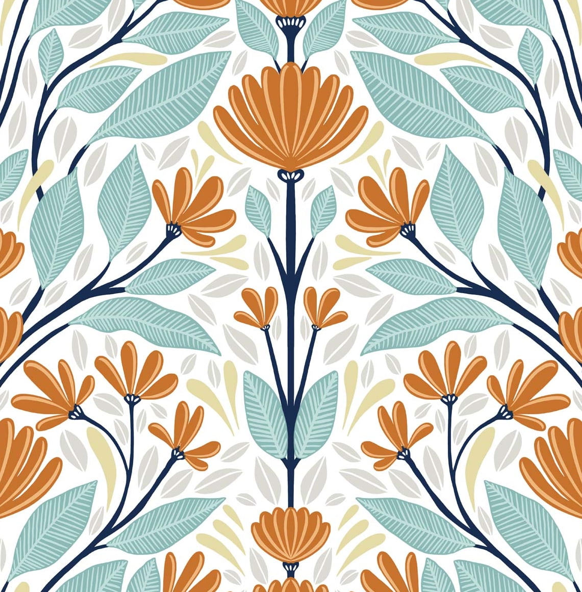 NextWall Verdigris & Orange Folk Floral Peel and Stick Wallpaper