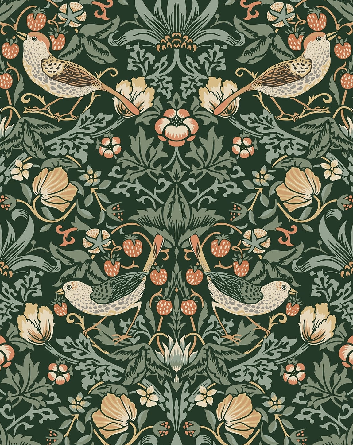 Forest Green Bird and Floral Peel and Stick Wallpaper