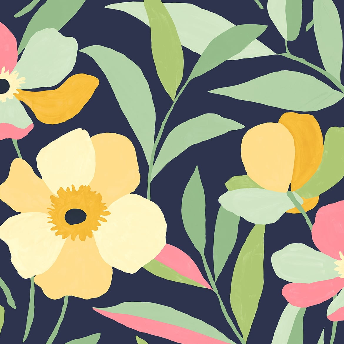 NextWall  Garden Block Floral Peel and Stick Wallpaper 20.5 in. W x 18 ft. L - Deep Navy & Pastels