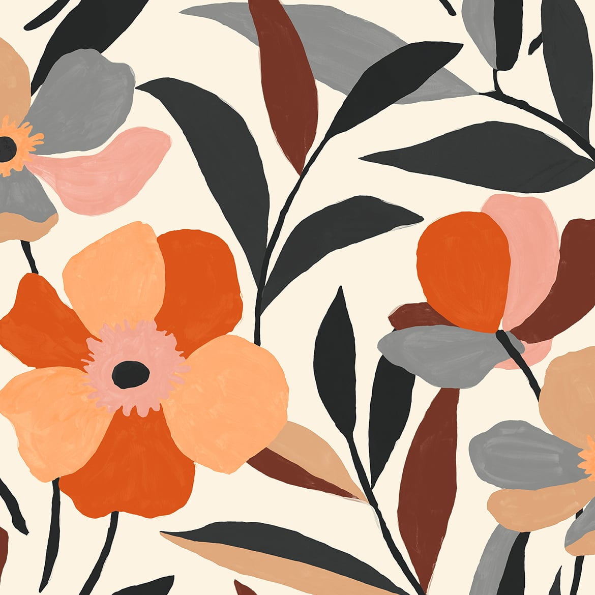 NextWall  Garden Block Floral Peel and Stick Wallpaper 20.5 in. W x 18 ft. L - Orange & Ebony