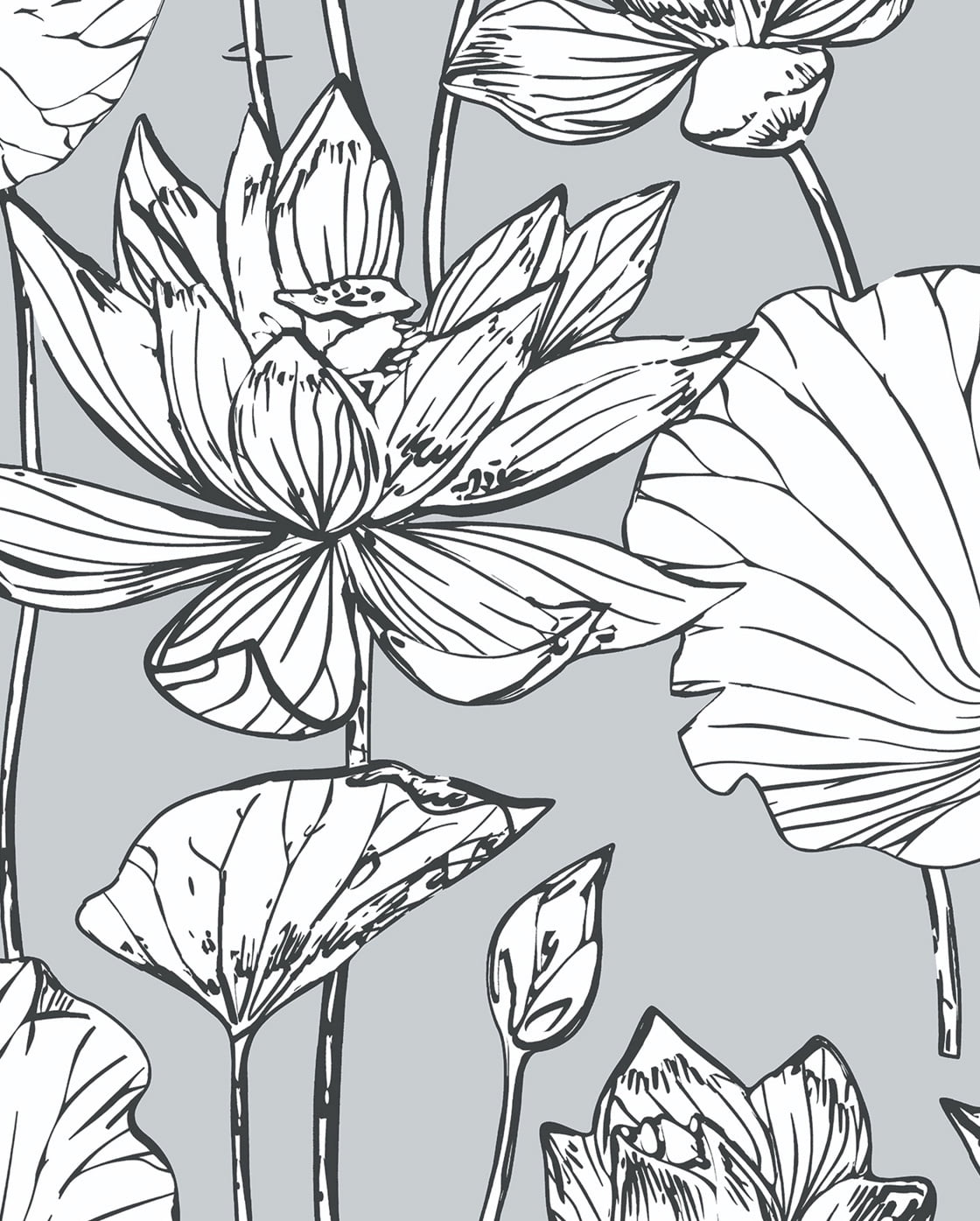 NextWall Gray & Ebony Lotus Floral Peel and Stick Wallpaper