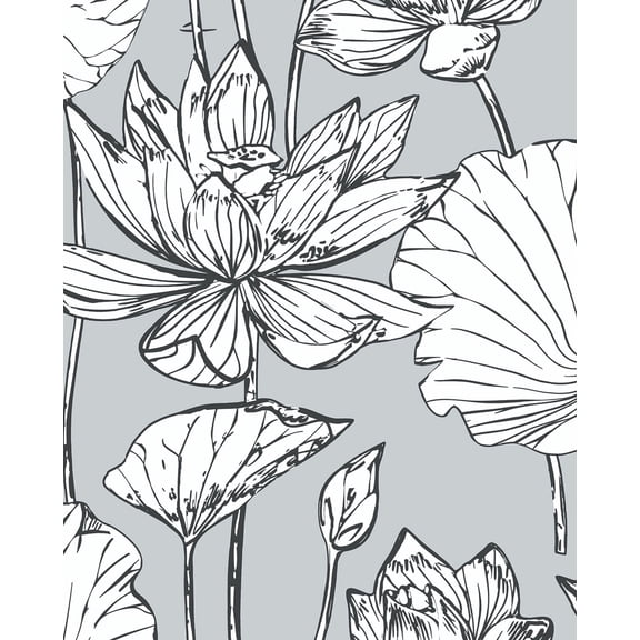 NextWall Gray & Ebony Lotus Floral Peel and Stick Wallpaper