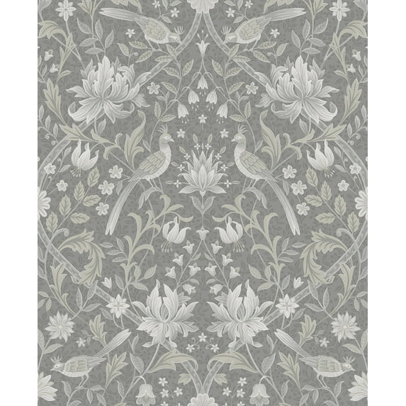 NextWall Grey Vintage Bird Ogee Peel and Stick Wallpaper - 20.5 in. W x 9 ft. L Roll