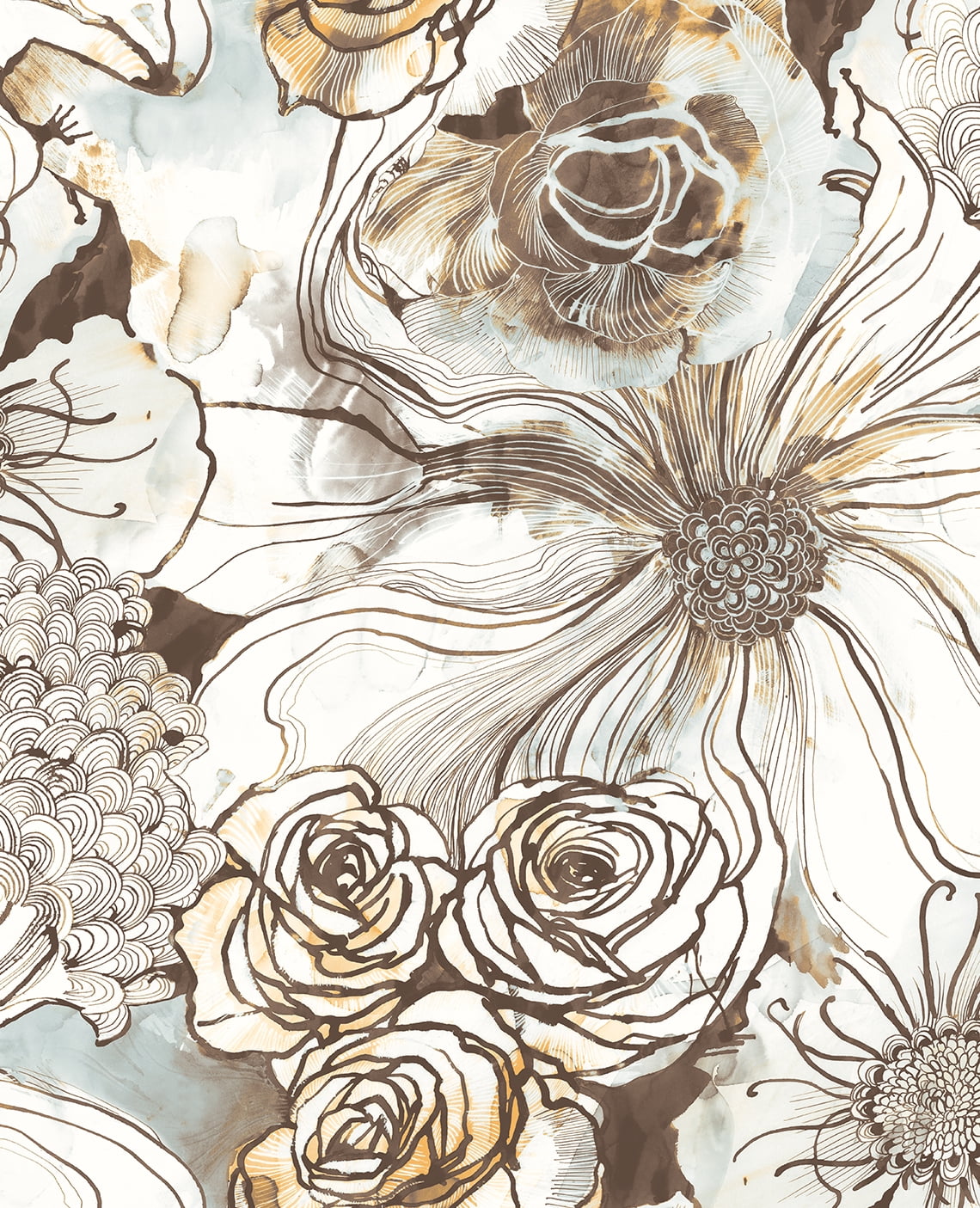 Mocha and Blue Mist Floral Vinyl Peel and Stick Wallpaper