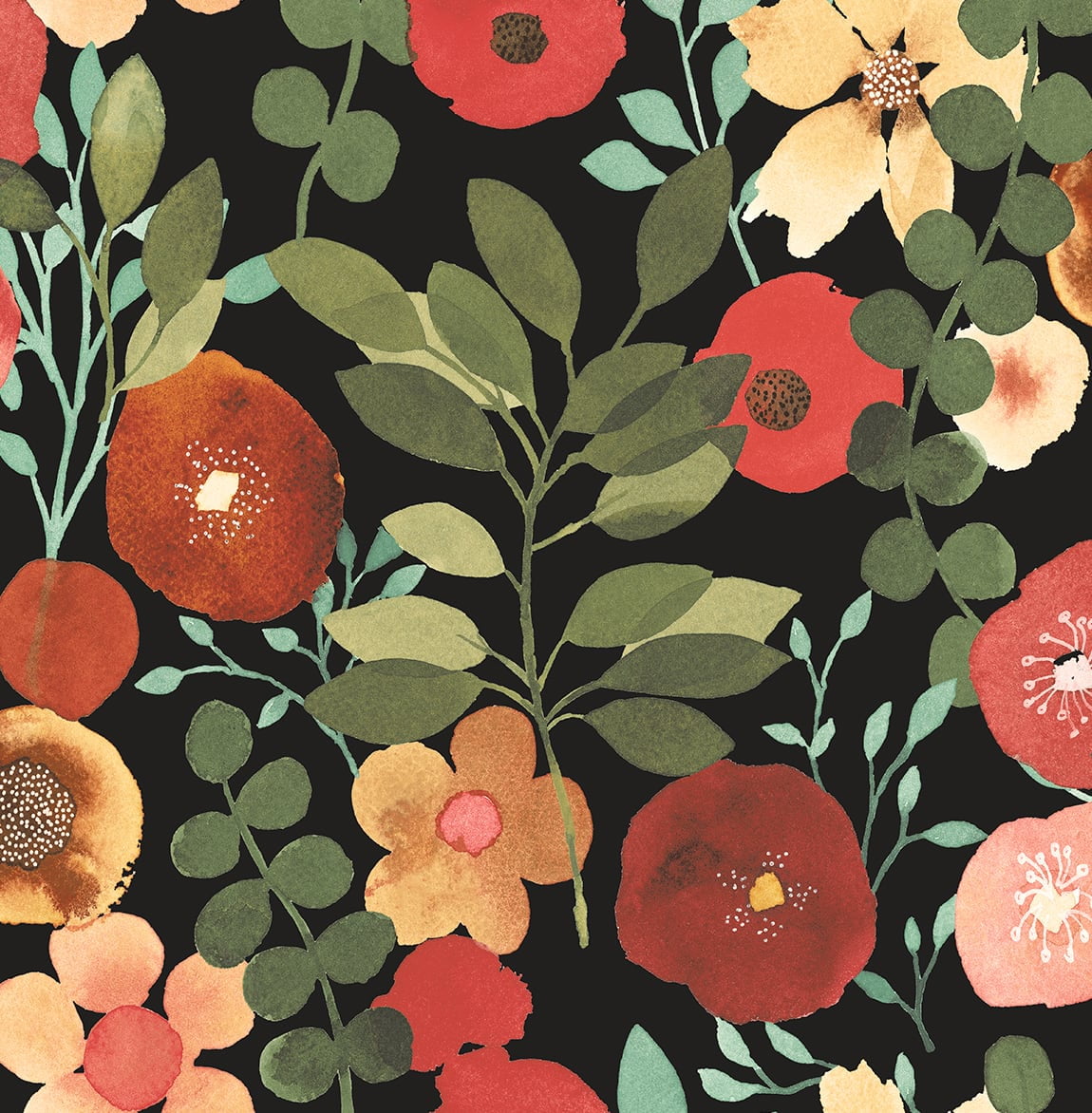NextWall Jet Black & Ruby Garden Dance Peel and Stick Wallpaper