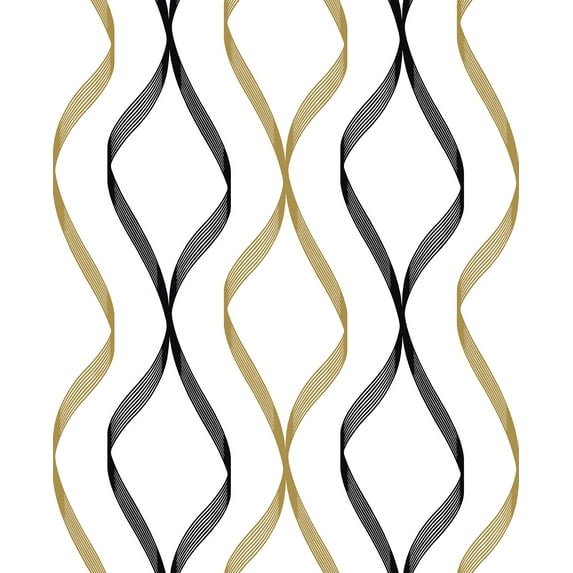 NextWall Metallic Gold & Ebony Ogee Ribbon Peel and Stick Wallpaper