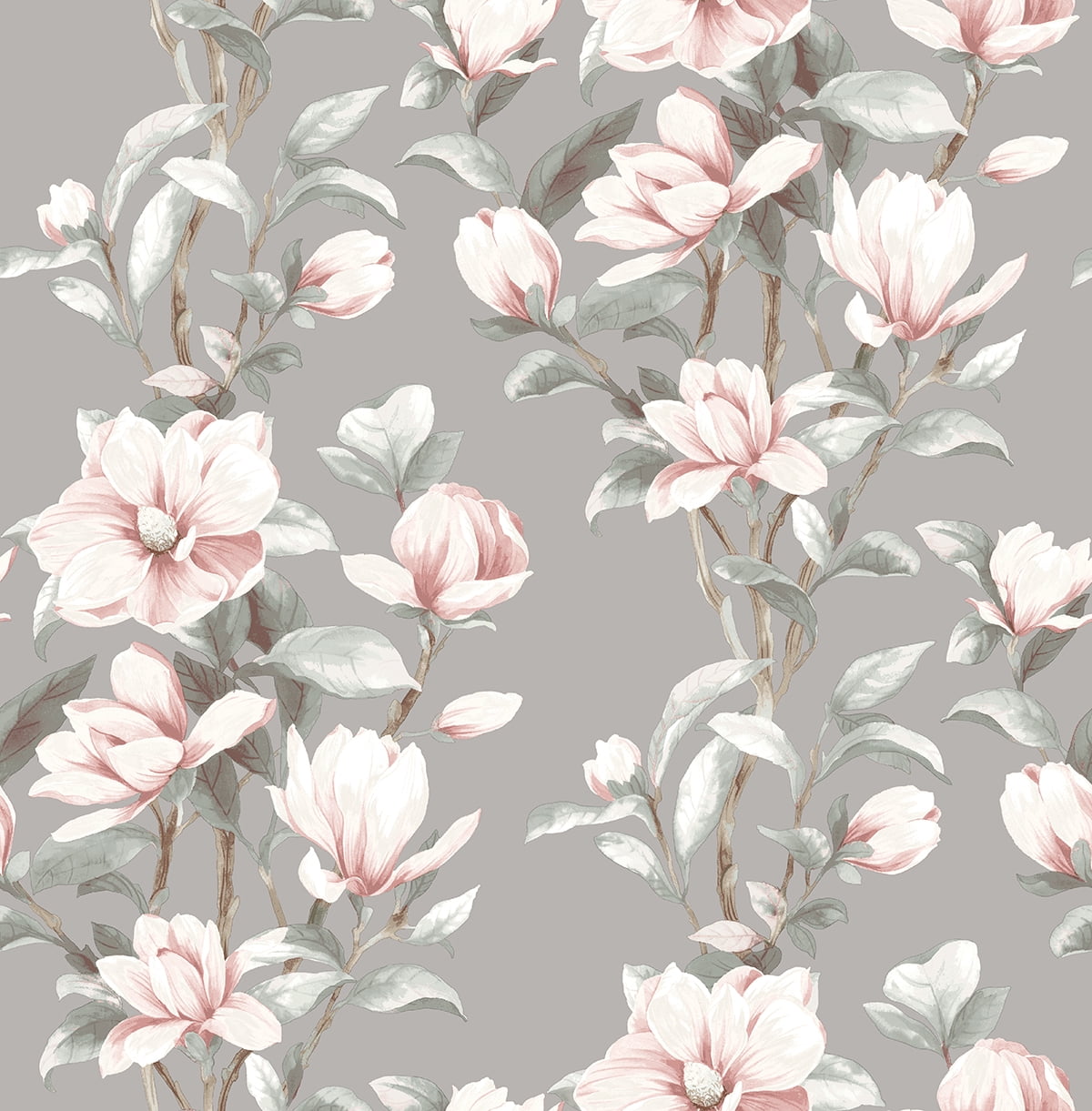 NextWall Metallic Silver & Petal Pink Magnolia Trail Peel and Stick Wallpaper