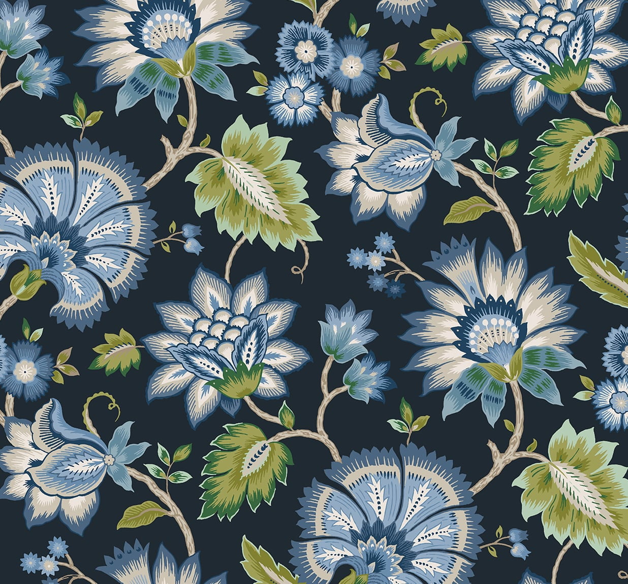 Midnight Blue Jacobean Blossom Floral Peel and Stick Vinyl Wallpaper
