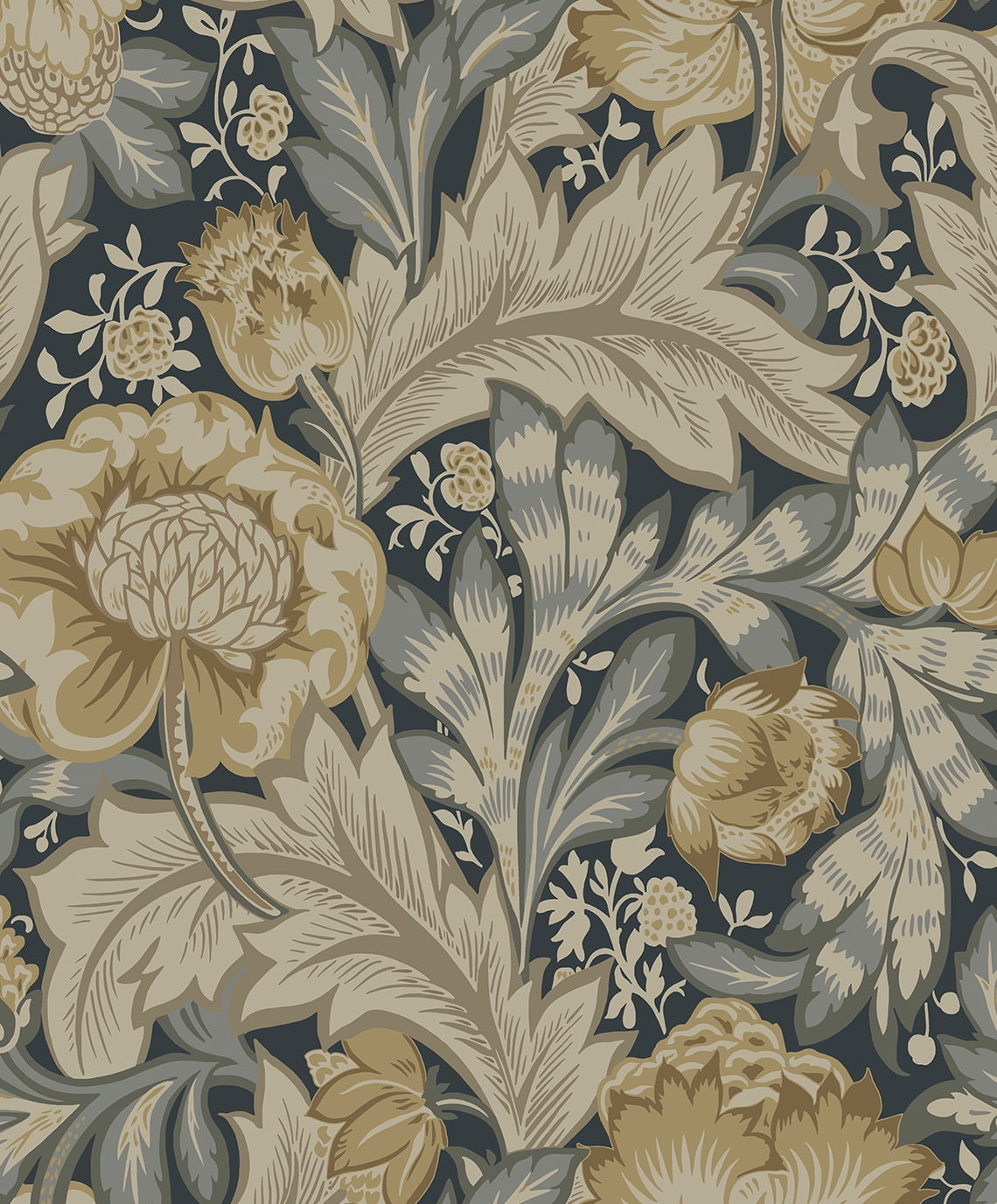 NextWall Midnight Blue & Neutral Acanthus Garden Floral Peel and Stick Wallpaper - 20.9 in. W x 18 ft. L Roll