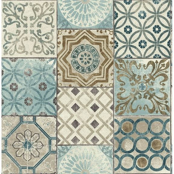 NextWall Moroccan Style Peel and Stick NW30002 Mosaic Tile Wallpaper, Blue, Copper, Grey