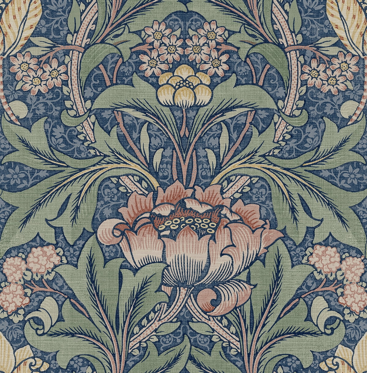 Denim Blue and Salmon Floral Peel and Stick Vinyl Wallpaper