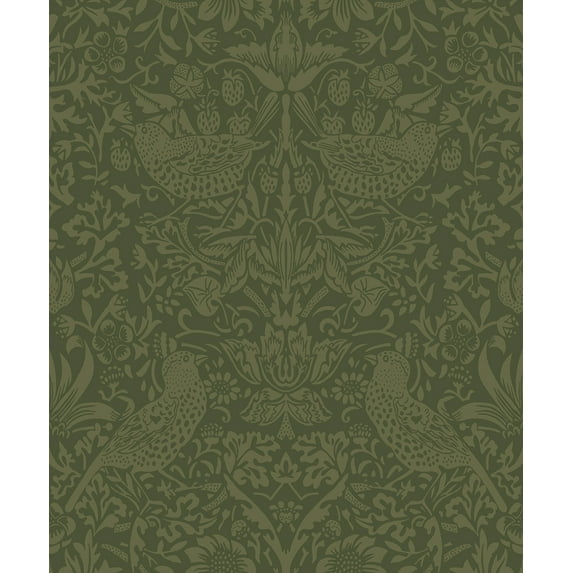 NextWall Moss Green Tonal Bird Garden Peel and Stick Wallpaper