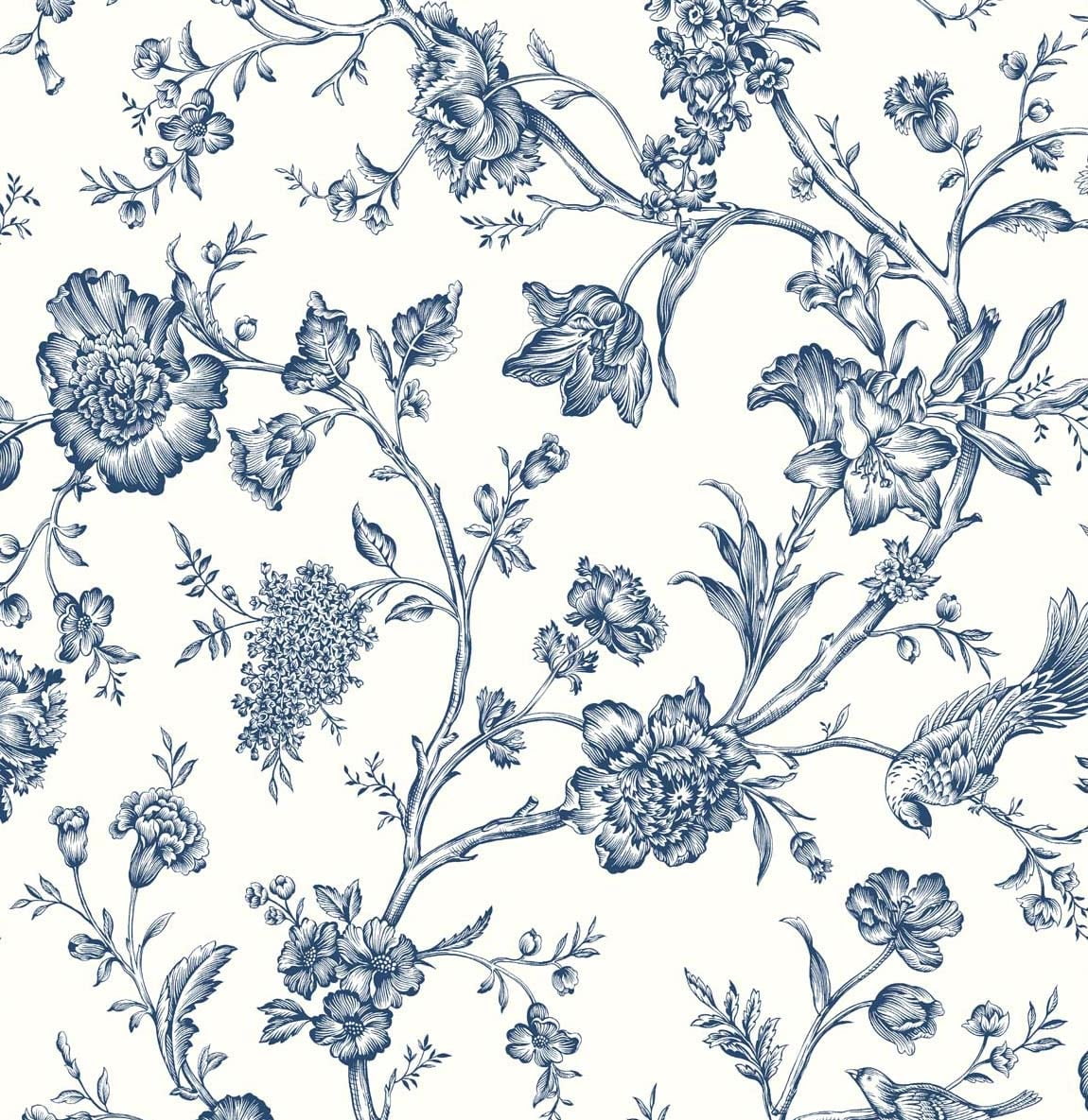 Navy Blue Floral Chinoiserie Peel and Stick Vinyl Wallpaper