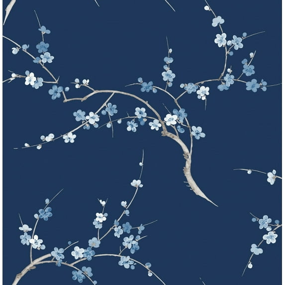 NextWall Navy & Blue Jay Cherry Blossom Floral Peel and Stick Wallpaper