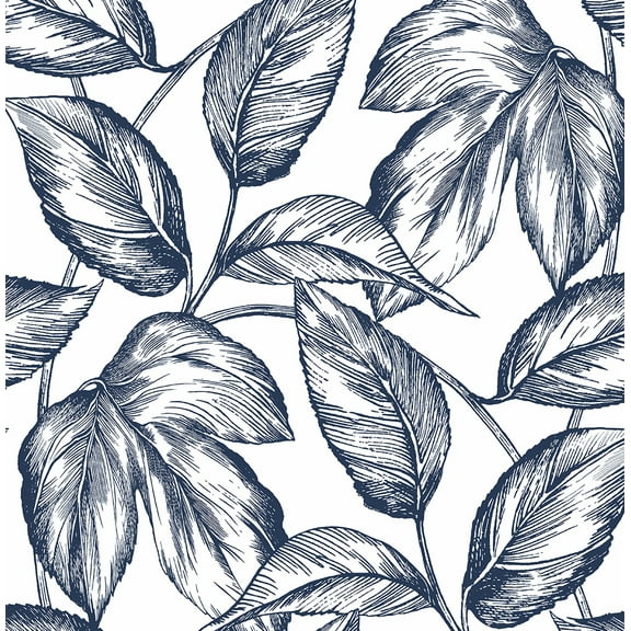 NextWall Navy Blue Sketched Leaves Peel and Stick Wallpaper