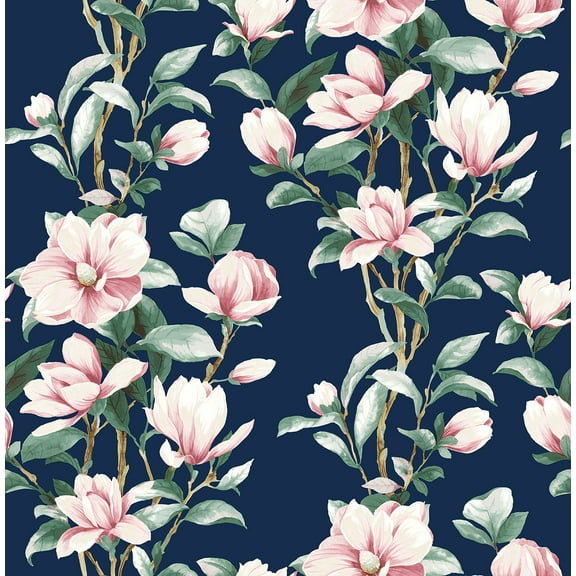NextWall Navy & Blush Magnolia Trail Peel and Stick Wallpaper