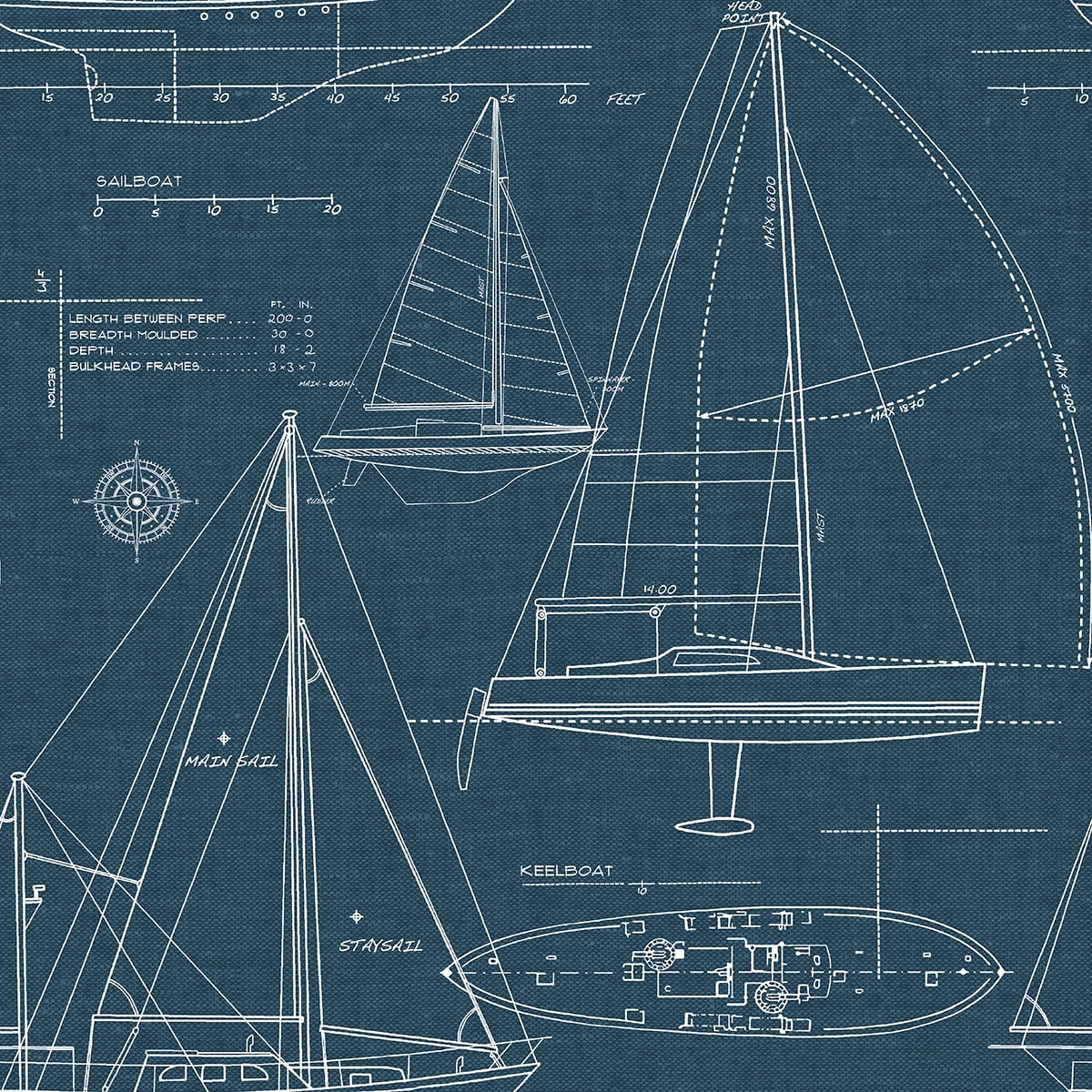 Navy Yacht Club Blueprint Peel and Stick Wallpaper