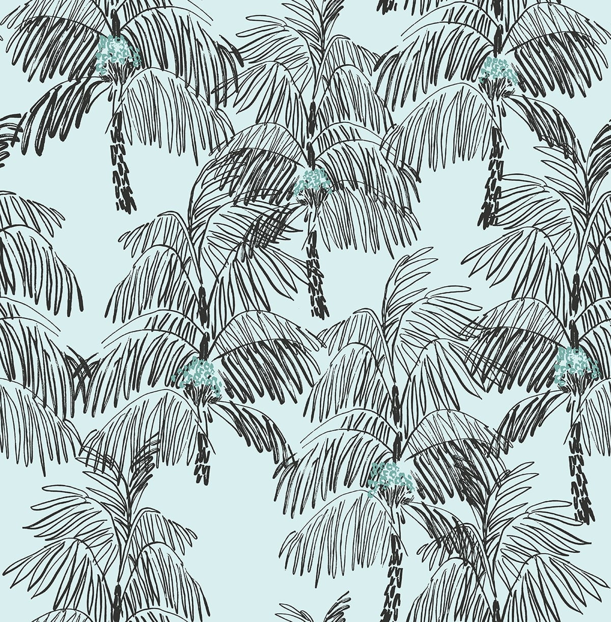 Sky Blue and Black Tropical Palm Peel and Stick Wallpaper