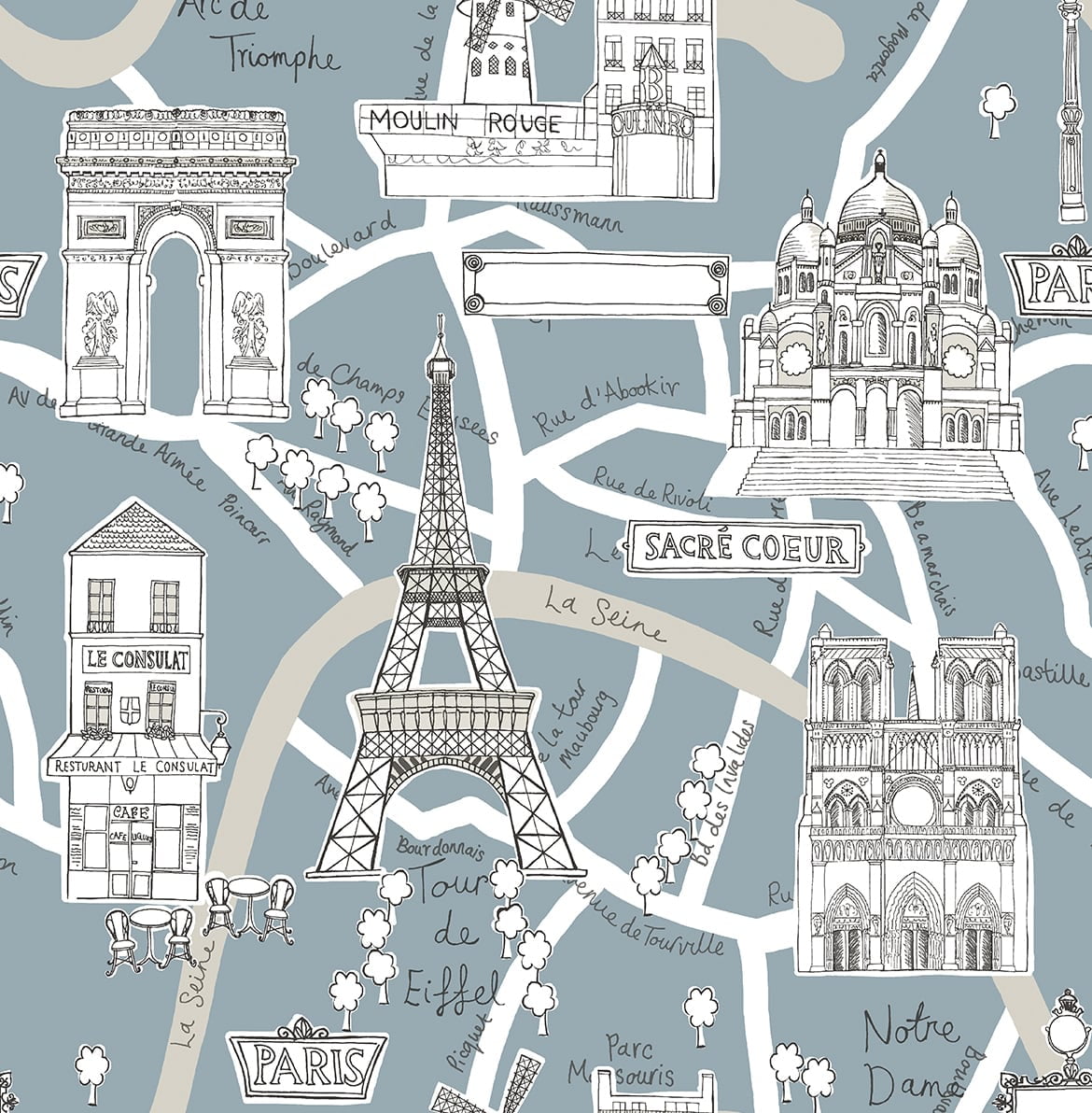 NextWall  Paris Scene Peel and Stick Wallpaper 20.5 in. W x 18 ft. L - Smokey Blue