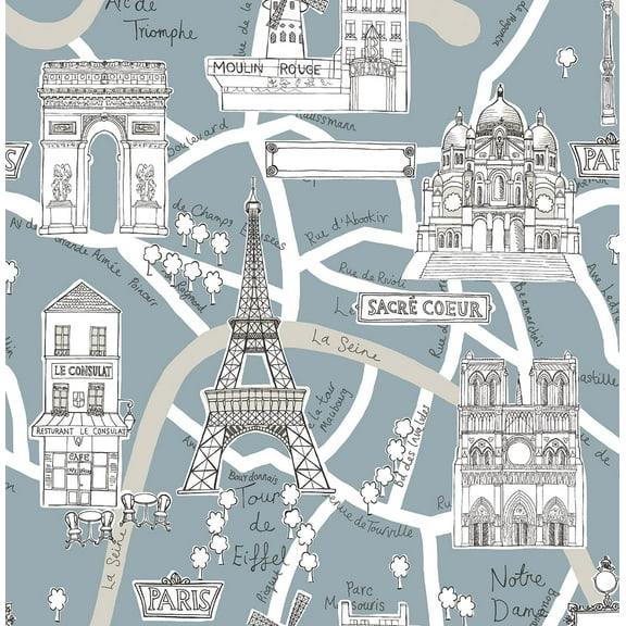 NextWall  Paris Scene Peel and Stick Wallpaper 20.5 in. W x 18 ft. L - Smokey Blue