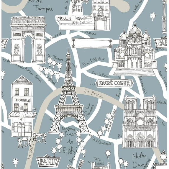 NextWall Paris Scene Peel and Stick Wallpaper 20.5 in. W x 18 ft. L - Smokey Blue