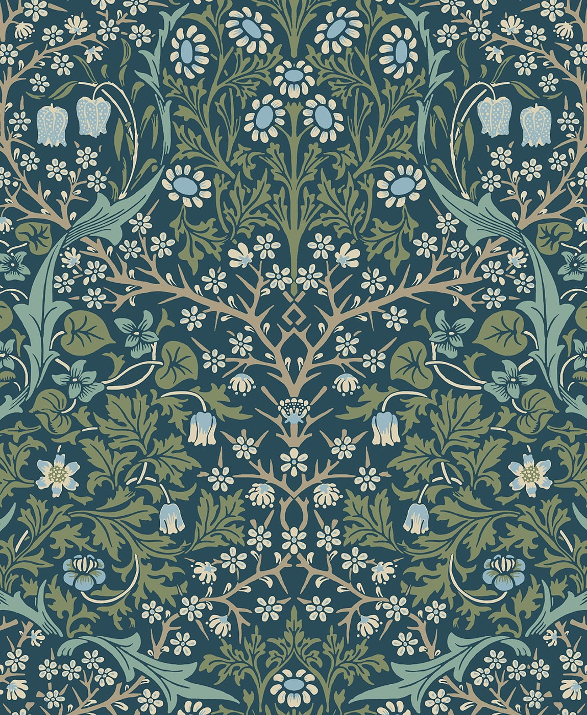 Prussian Blue and Moss Green Damask Peel and Stick Wallpaper