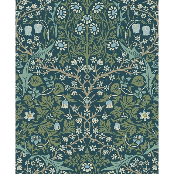 NextWall Prussian Blue & Moss Green Victorian Garden Peel and Stick Wallpaper