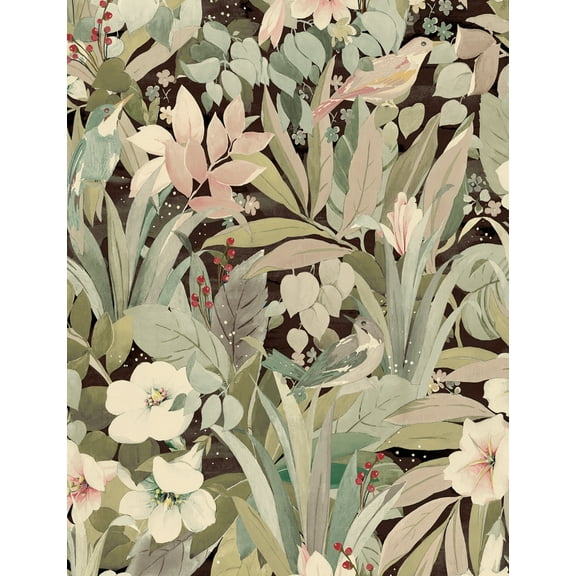 NextWall Sage & Ash Brown Blossoming Birds Peel and Stick Wallpaper