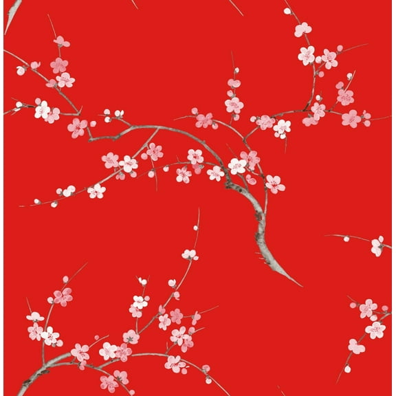 NextWall Scarlet & Petal Pink Cherry Blossom Floral Peel and Stick Wallpaper