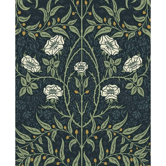 NextWall  Stenciled Floral Peel and Stick Wallpaper Navy & Sage