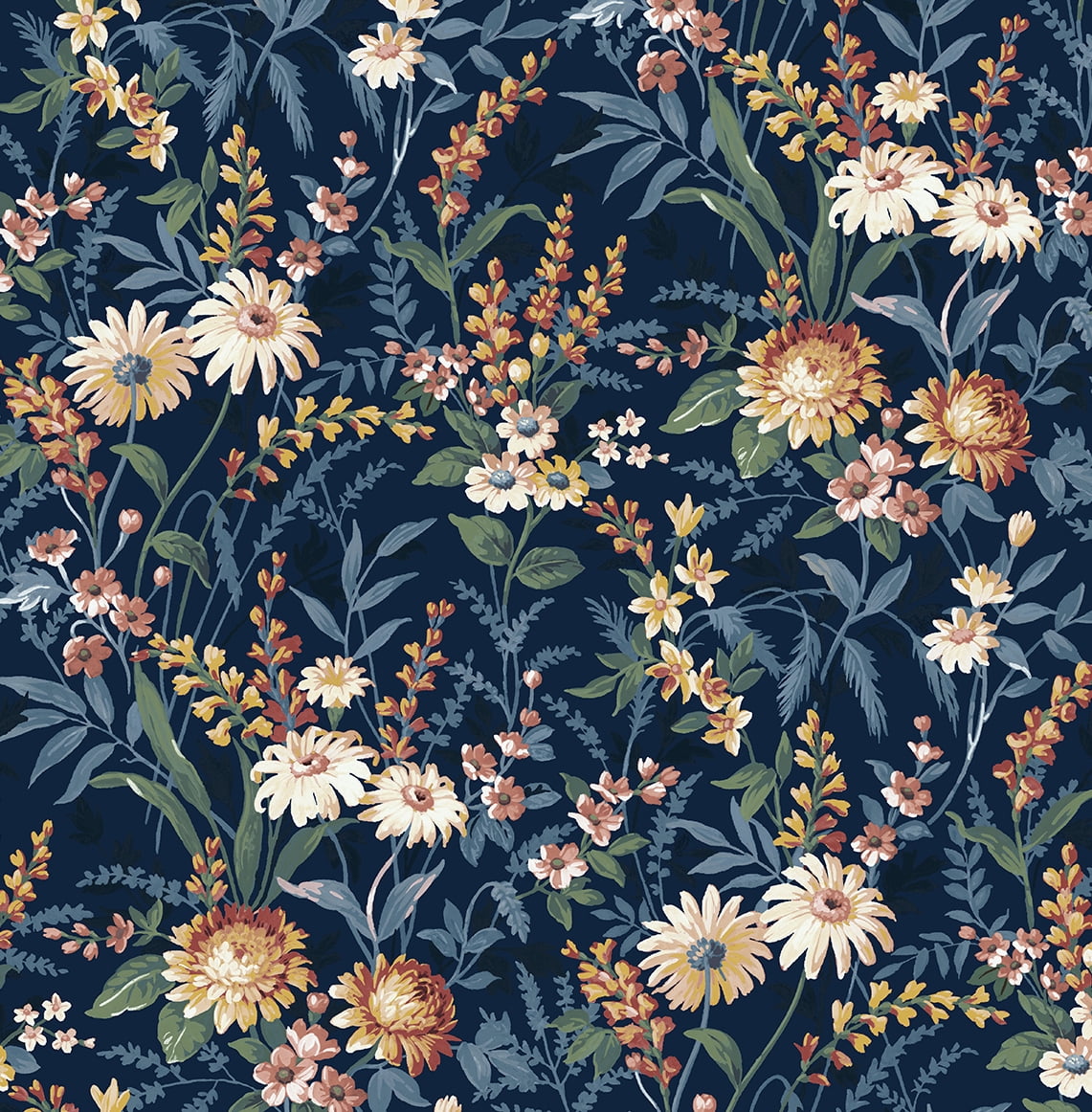Navy Blue Vinyl Floral Peel and Stick Wallpaper Roll