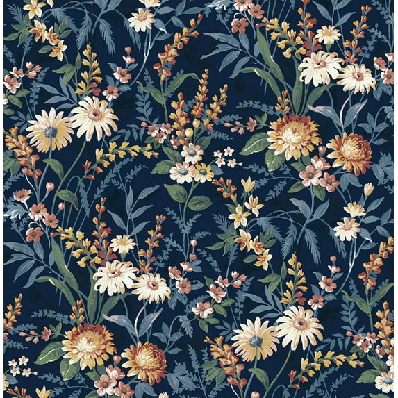 NextWall  Vintage Floral Peel and Stick Wallpaper 20.5 in. W x 18 ft. L - Navy Blue