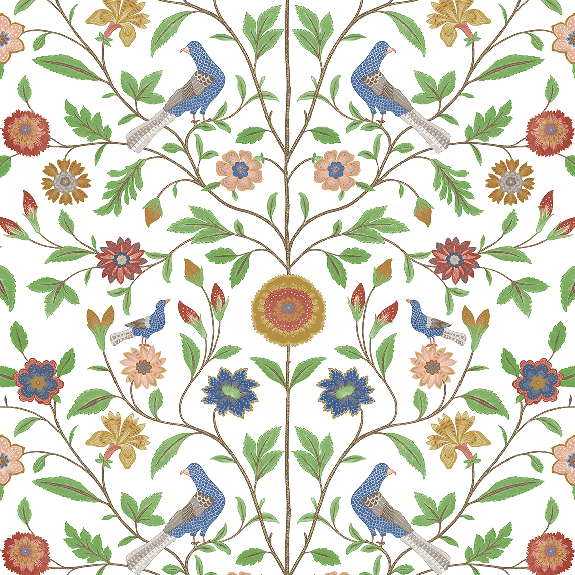 White and Multicolor Bird Toile Vinyl Peel and Stick Wallpaper Roll