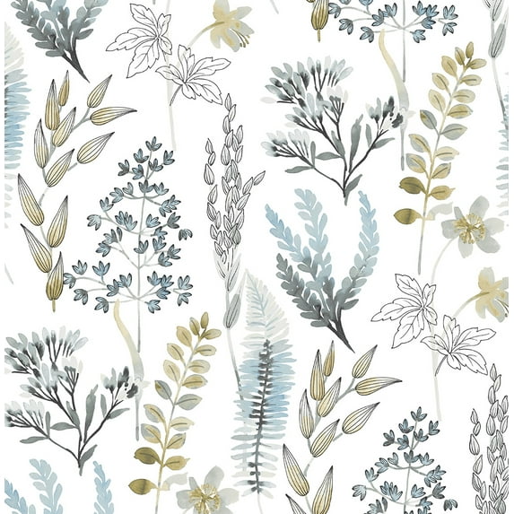 NextWall Wild Garden Peel and Stick Wallpaper 20.5 in. W x 18 ft. L - Glacier Blue & Matte Brass