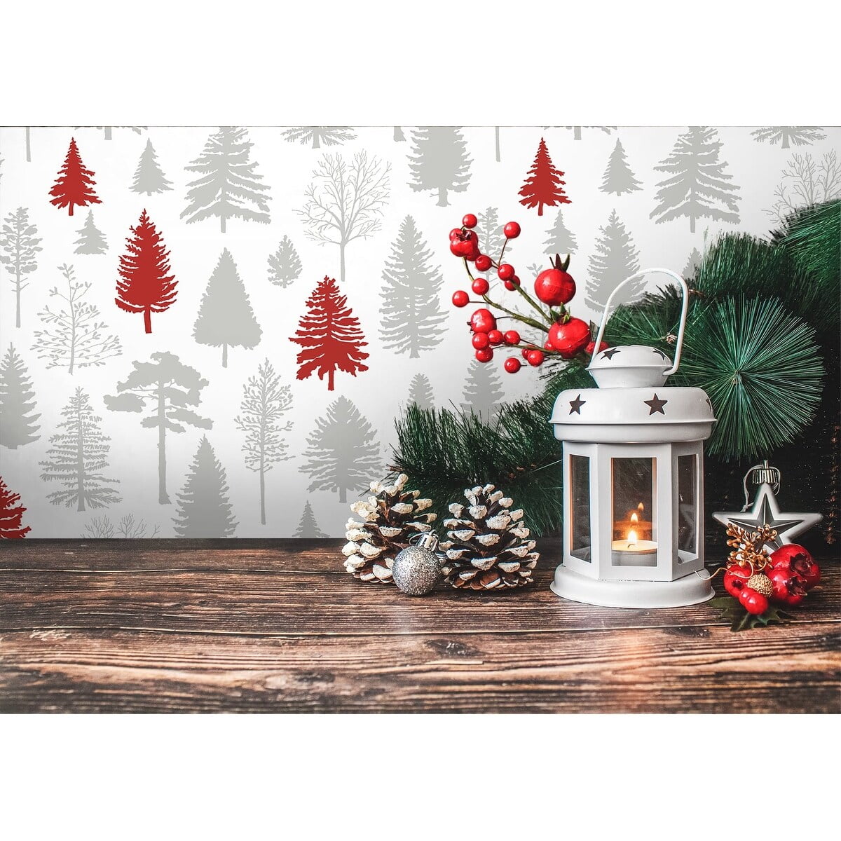 NextWall  Winter Forest Christmas Peel and Stick Wallpaper Grey & Red
