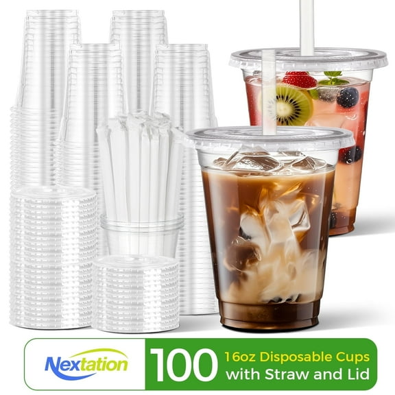 Nextation 100 Pack 16 oz Clear Plastic Cups with Lids and Straws, Disposable Cold Drink Cups for Party and to-Go Use