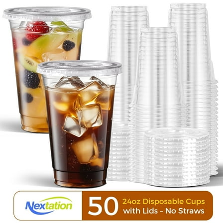 Nextation 24oz Clear Plastic Cups with Lids, 50 Pack Disposable Cold Drink Cups for Coffee, Tea, and Parties