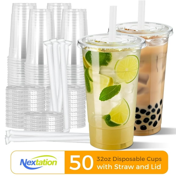 Nextation 50 Pack 32 oz Clear Plastic Cups with Lids and Straws, Disposable Cold Drink Cups for Party and To-Go Use