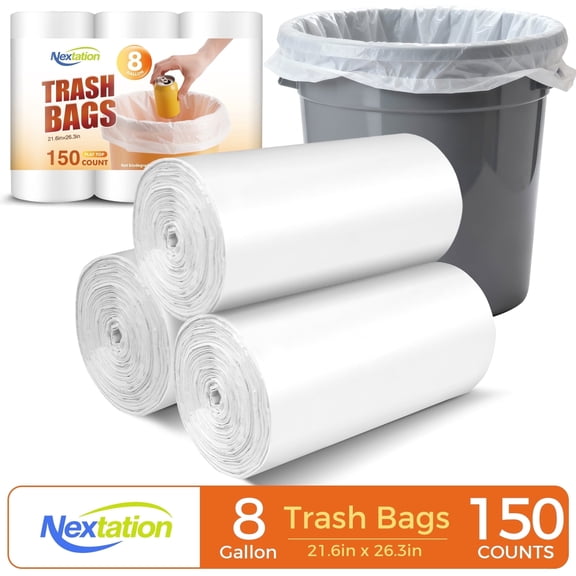 Nextation Medium Trash Can Liners, 8 Gallon, Flat Top, Leak-Proof & Durable, 150 Count, for Bathroom, Bedroom and Office Use