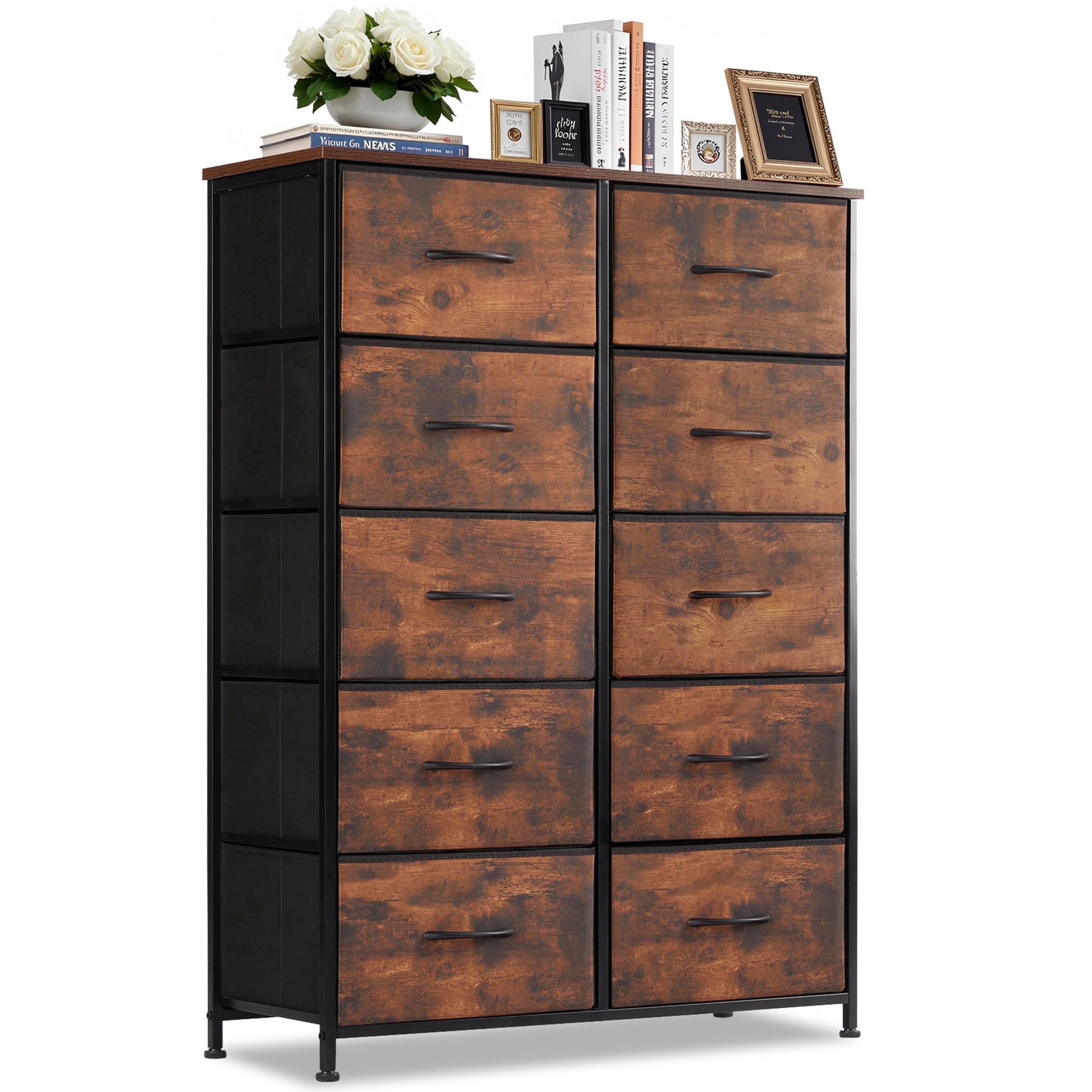 Nextay 10-Drawer Fabric Dresser for Bedroom, Storage Dresser Closet with Steel Frame & Wooden Top for Living Room, Entryway, Brown