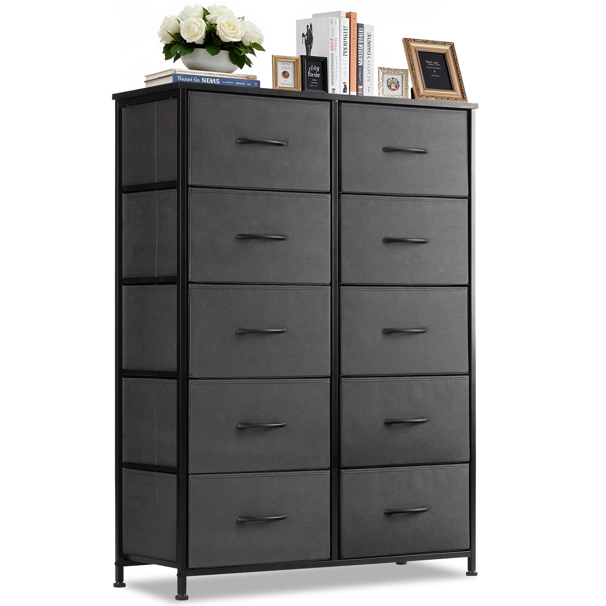 Nextay 10-Drawer Fabric Dresser for Bedroom, Storage Dresser Closet with Steel Frame & Wooden Top for Living Room, Dressing Room, Entryway, Grey
