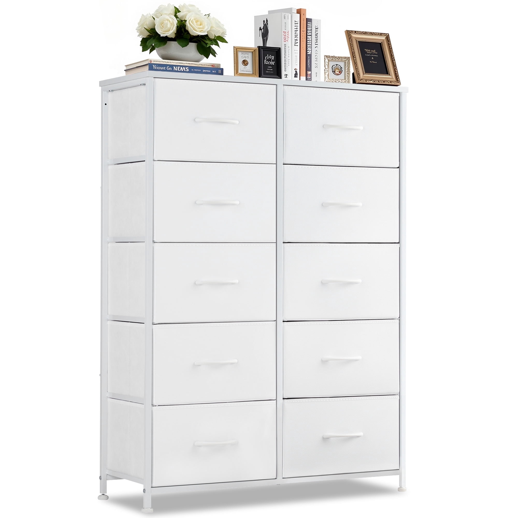 Nextay 10-Drawer Fabric Dresser for Bedroom, Storage Dresser Closet with Steel Frame & Wooden Top for Living Room, Dressing Room, Entryway, White