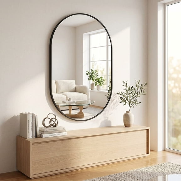 Nextay 24 x 36 Inch Oval Black Metal Framed Wall Mirror Tempered Glass Wall Mount Vanity Mirror Horizontal Vertical Hanging for Bathroom Over Sink Entryway Living Room Bedroom, Black