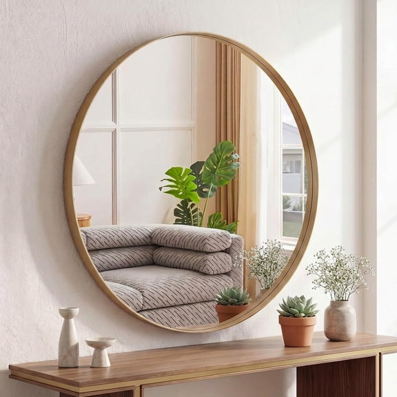 Nextay 28 Inch Round Wall Mirror Anti Rust Metal Framed Tempered Glass Decor Mirror Hanging or Leaning for Bathroom Vanity Entryway Living Room, Gold
