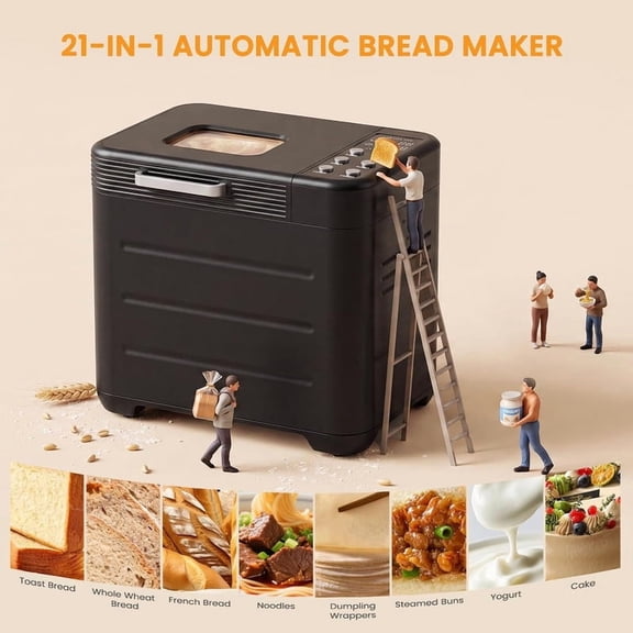 Nextay 2lb Bread Machine, 21-in-1 Automatic Bread Maker with Stainless Steel Bread Maker with 360° Even Baking, Smart Touch Panel & 12-Hour Timer (Black)