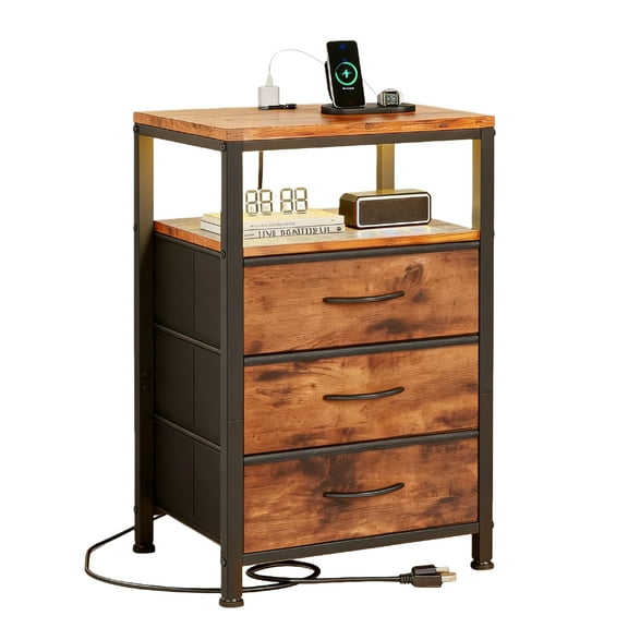 Nextay 3 Fabric Drawers Nightstand with Charging Station, LED Light Strip Bedside End Table with USB/Type-C Ports and Outlets & Adjustable Feet for Bedroom, Rustic Brown
